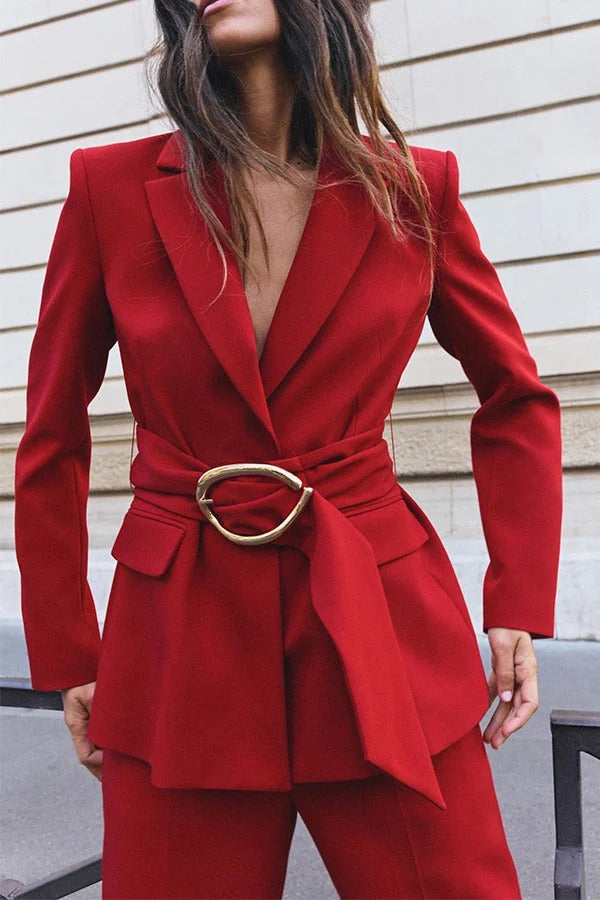 Elena Deep-V Gold-Buckle Cinched-Waist Blazer