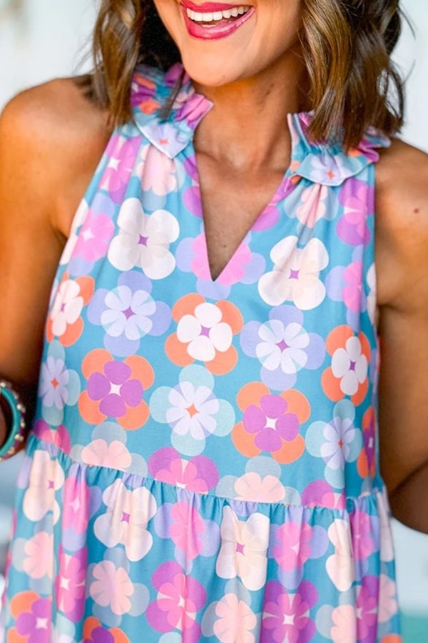 Sky Blue 60s Flower Split Neck Sleeveless Tiered Maxi Dress