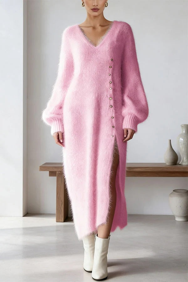 Autumn/Winter Knit V-neck Button Up Balloon Sleeve Loose Slit Sweater Midi Dress