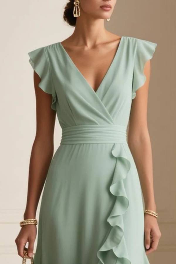 V-Neck Flutter Sleeve Wrap Side Ruffle Chiffon Maxi Bridesmaid Dress