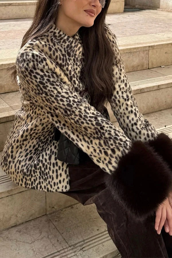 Retro Street Style Faux Fur Animal Print Stand Collar Button Furry Cuffs Jacket