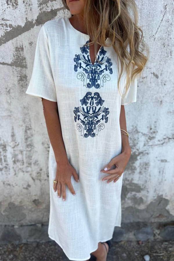 Bohemian Print Linen Loose Midi Dress