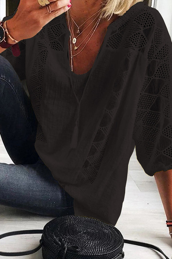 Cotton Linen Blend Patchwork Hollow Out Tassel Blouse