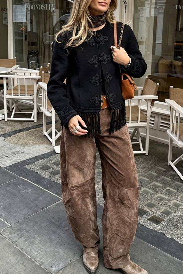 Vintage Bohemian Style Embroidered Tassel Trim Long Sleeve Jacket