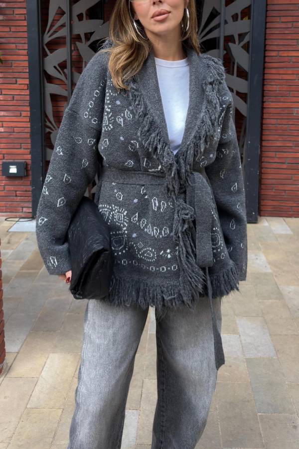 Multi-color Bandana Jacquard Fringe Belted Knit Cardigan