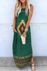 Merced Ethnic Geometric Hippie Print Pocketed Knit Maxi Dress