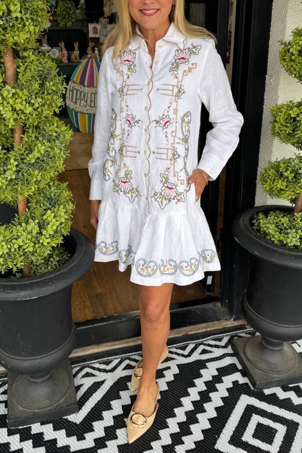 Vintage Floral Embroidered Shirt Mini Dress