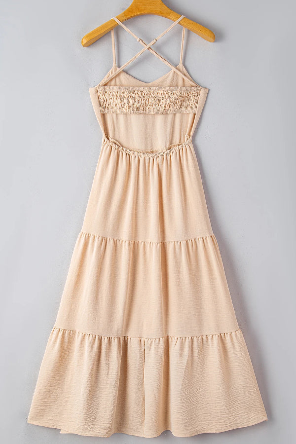 Oatmeal Crossover Backless Bodice Tiered Maxi Dress
