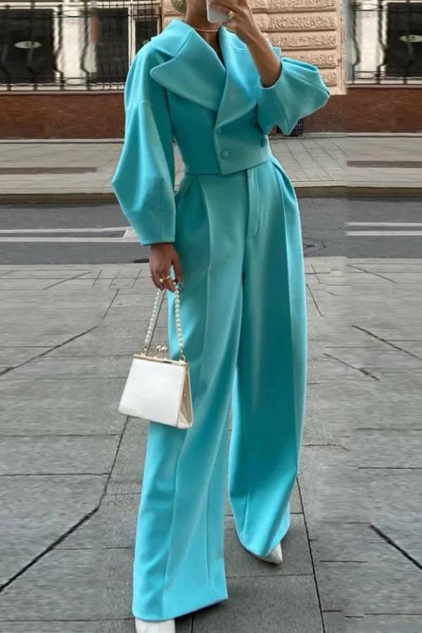 Large Lapel Cropped Blazer & Wide‑Leg Pants Two‑Piece Set