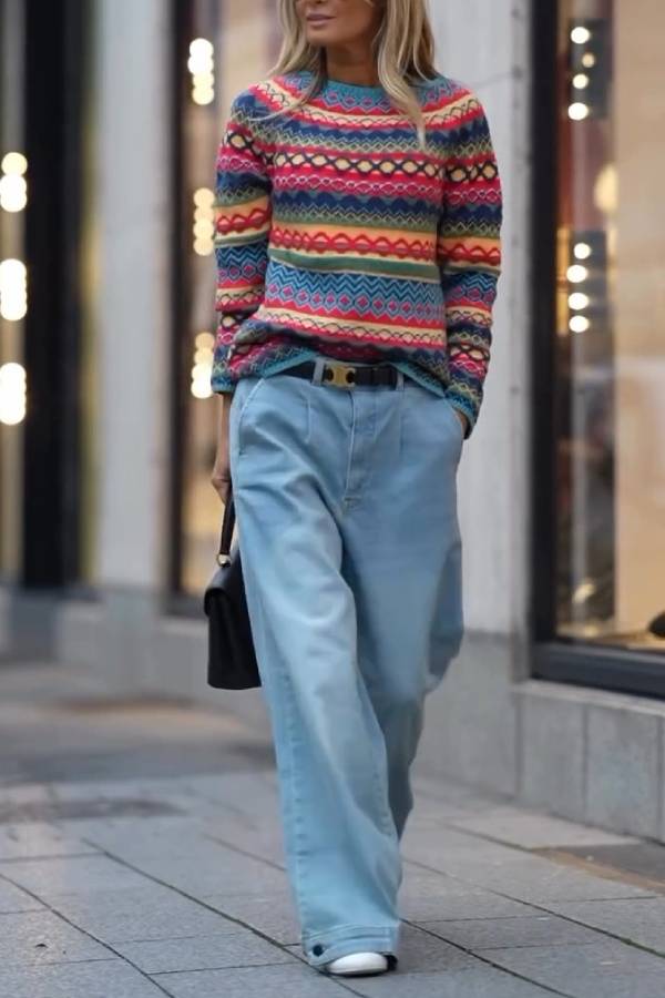 Vintage Fair Isle Colorful Stripe Crew Neck Knit Sweater