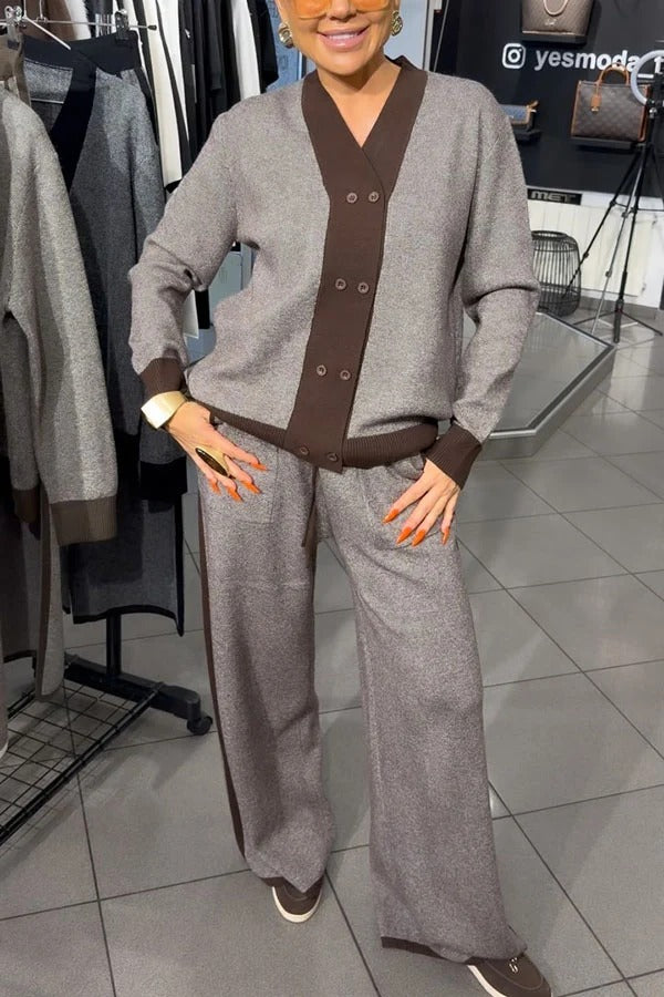 Merrin Knit Color Block Trim Double Breasted Cardigan and Elastic Waist Pocket Loose Pants Set