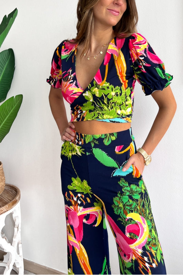 Floral Print V Neck Short Sleeves Crop Top Elastic Waist Wide Leg Pants Set