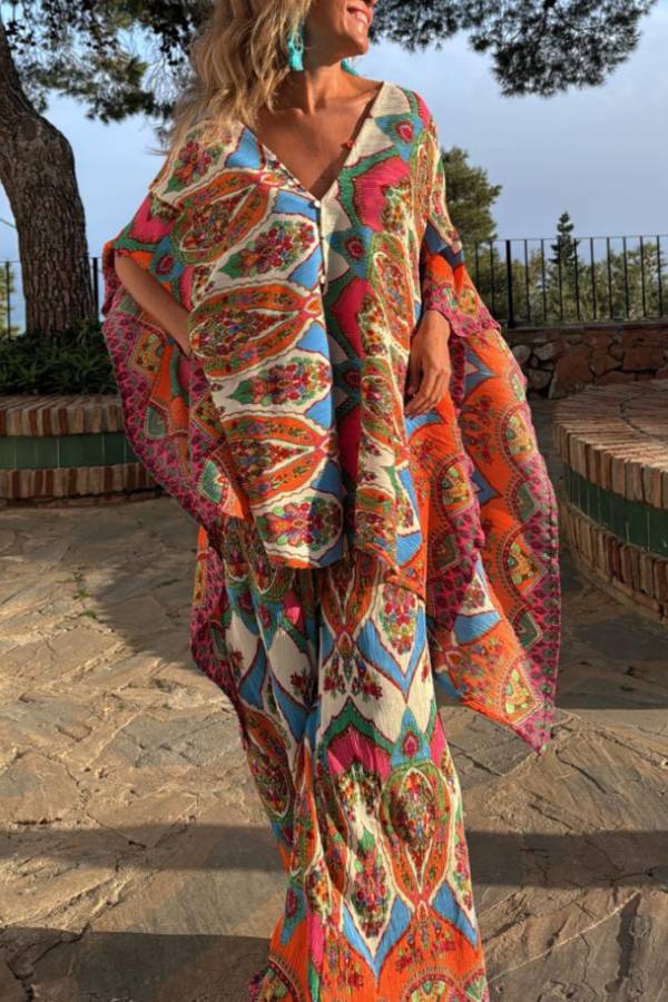 Colorful Day Unique Print Loose Cape and Elastic Waist Pocketed Pants Set