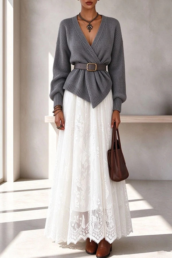 Exquisite Lace High Rise Elastic Waist A-line Maxi Skirt