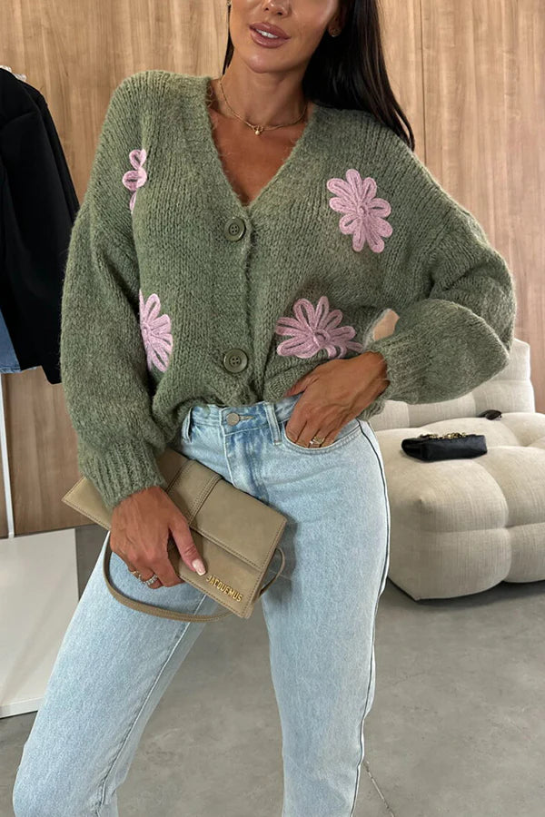 Embroidered Floral V-neck Long-sleeved Button-knit Cardigan