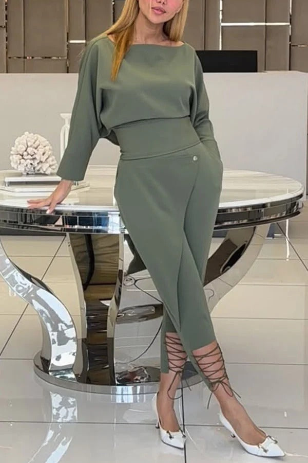 Wide Neck Long Sleeve Fitted Top and Elastic Waist Wrap Pocketed Lace-up Crop Pants Set