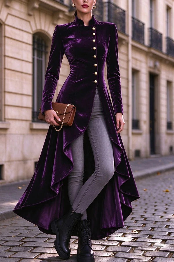 Napoleon Style Velvet Stand Neck Button Long Sleeve High Low Hem Midi Coat