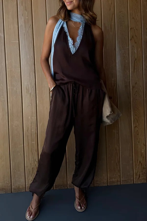 Sunday Social Satin Drawstring Elastic Waist Pocketed Loose Jogger Pants
