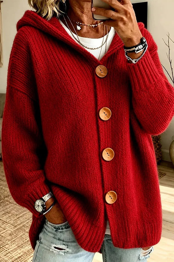 Warm Season Knit Four-button Long Sleeve Hooded Loose Cardigan