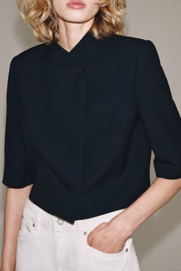 Navy Stand Collar Cropped 1/2 Sleeve Blazer
