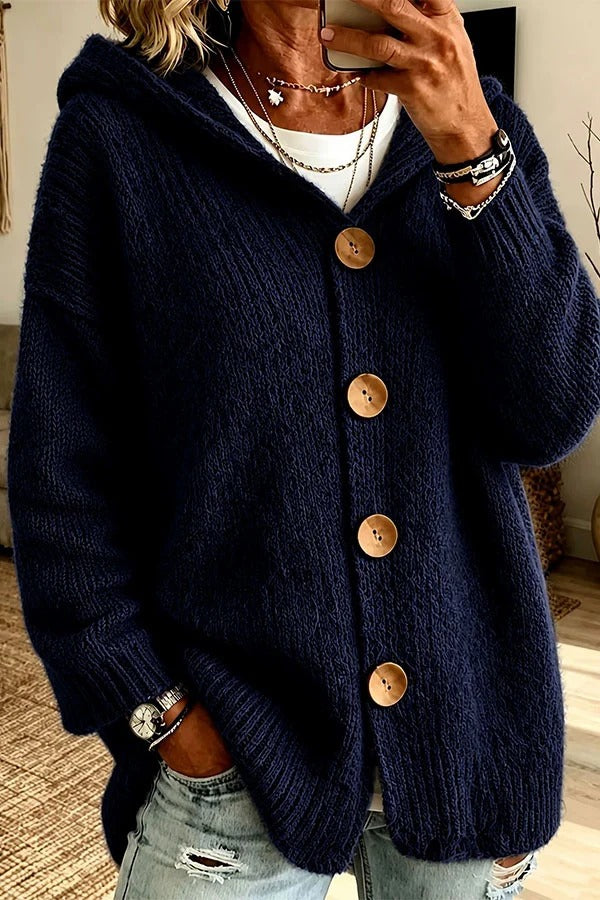 Warm Season Knit Four-button Long Sleeve Hooded Loose Cardigan