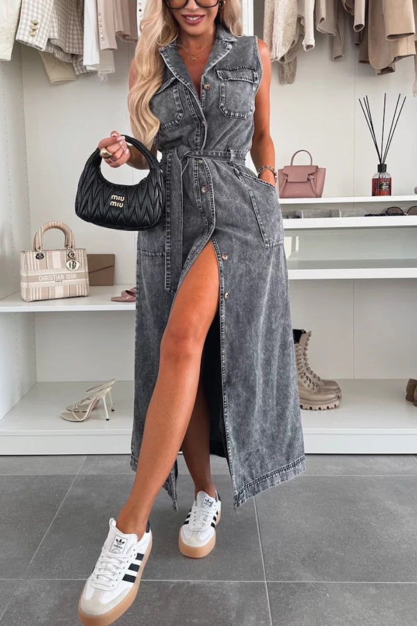 Solid Color Sleeveless Single Breasted Waist Tie Casual Pocket Denim Midi Dress