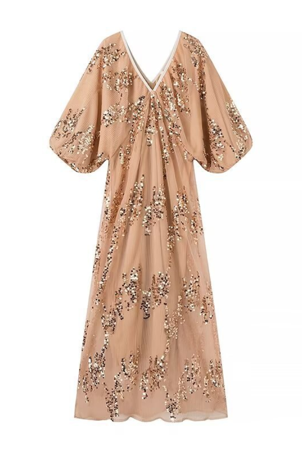 Batwing Sleeve Sequined Deep V Neck Long Dress