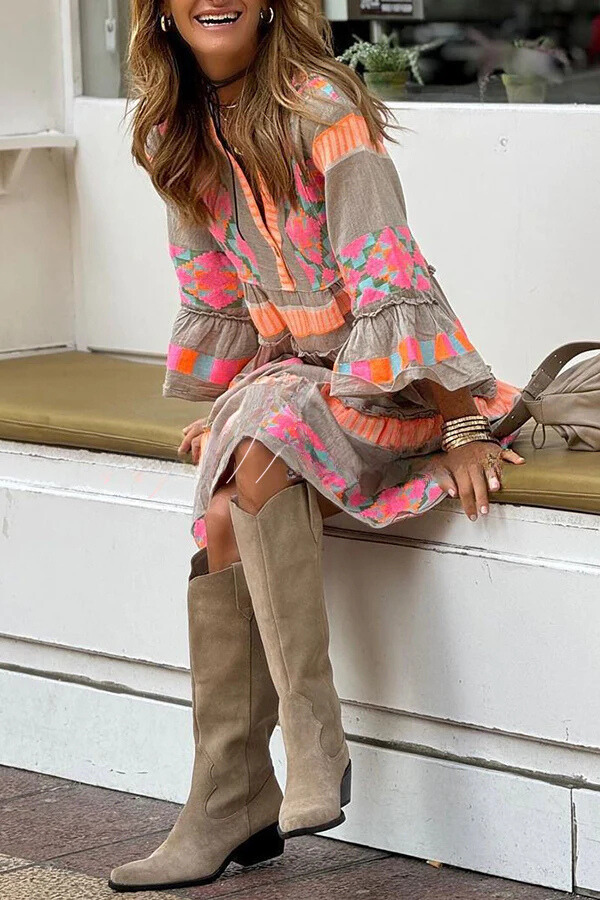 Sorbet Summer Linen Blend Ethnic Print Button Ruffle Patchwork Mini Dress