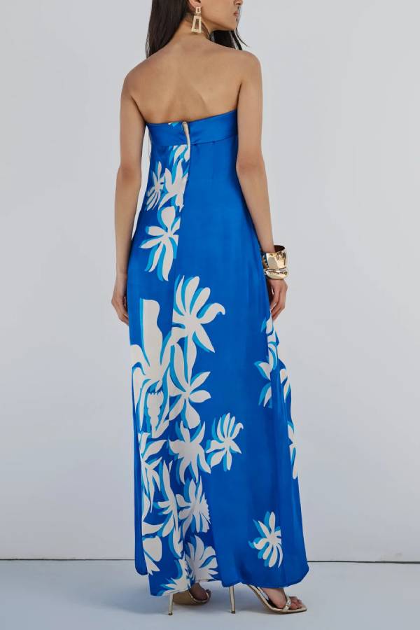 Fashion Vacation Satin Unique Print Off Shoulder Maxi Dress