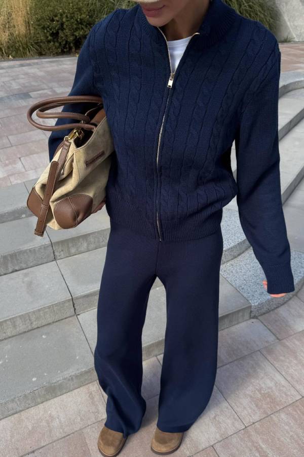 Stand Collar Zip Cable Knit Two Piece Set