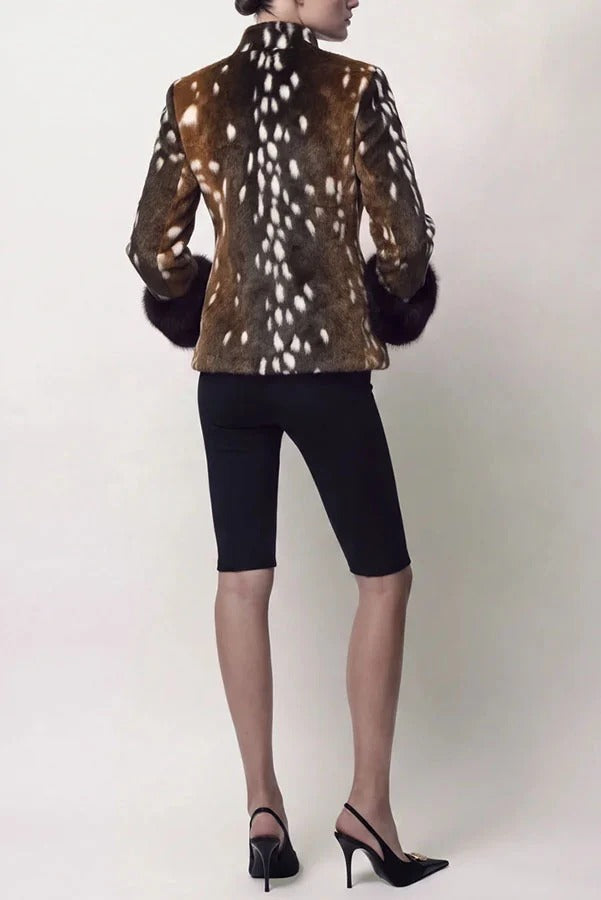 Retro Street Style Faux Fur Animal Print Stand Collar Button Furry Cuffs Jacket