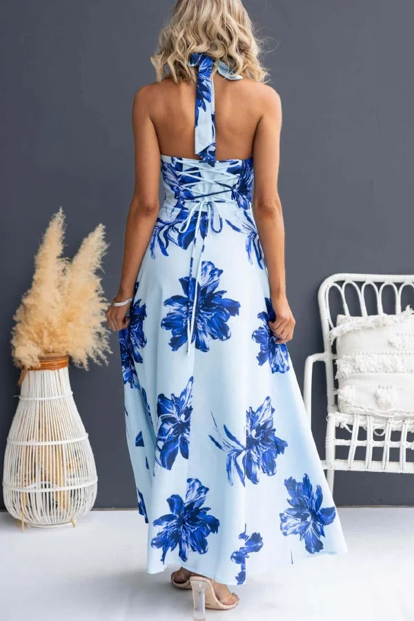 Floral Print V-neck Backless Tie-up Fitted Waist Elegant Maxi Dress