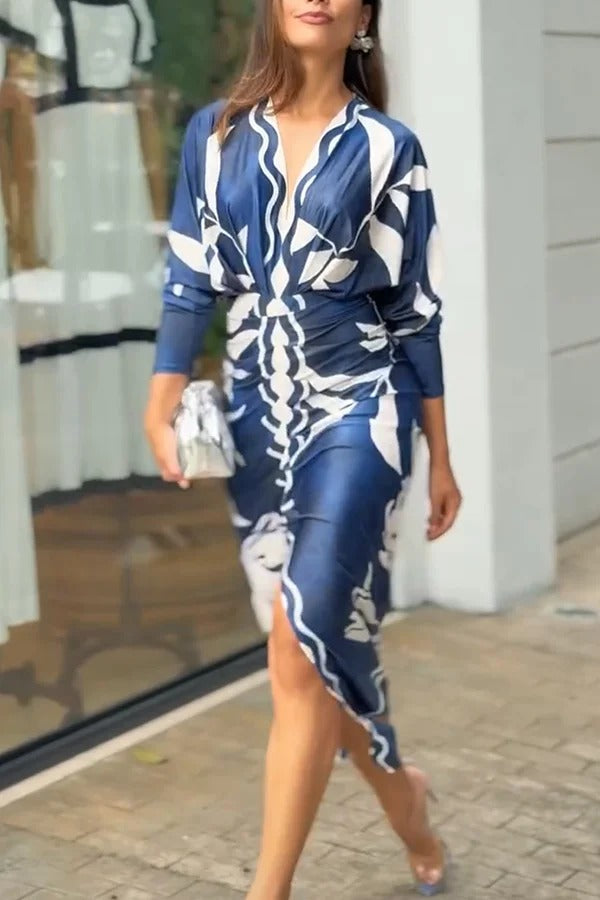 Caliana Unique Print Dolman Long Sleeve Ruched Slit Midi Dress