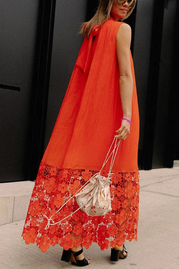 Breezy Comfort Tie-up Neck Sleeveless Floral Lace Hem Maxi Dress
