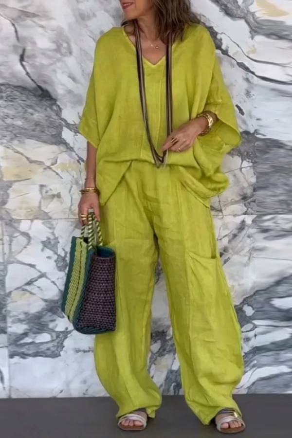 V‑Neck Batwing Sleeve Linen Wide‑Leg Pants Two‑Piece Set