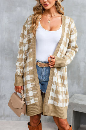 Khaki Plaid Ribbed Contrast Open Front Long Cardigan