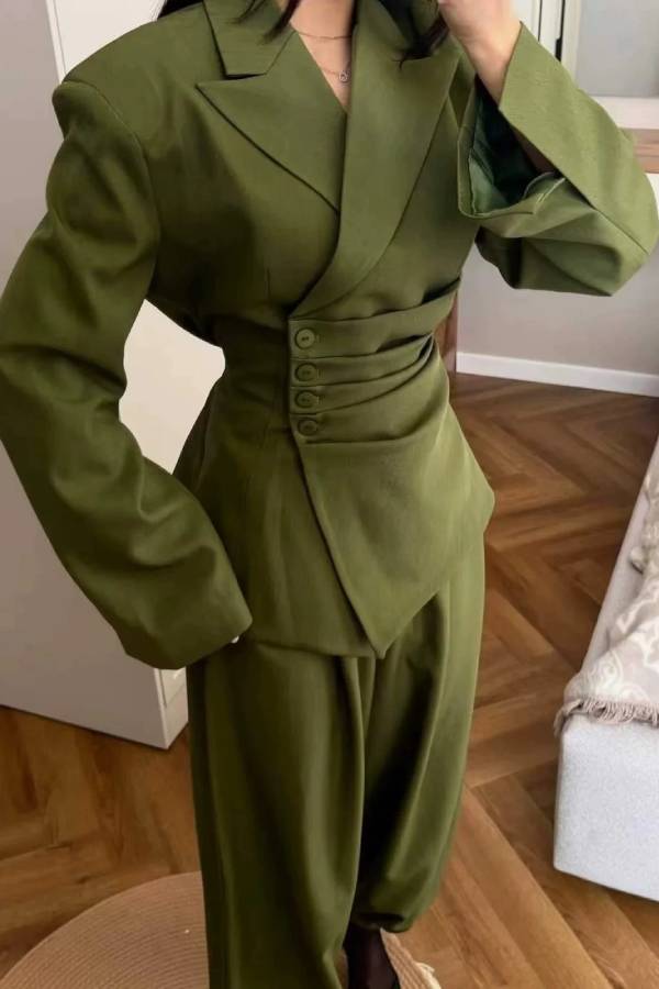 Waist‑Cinched Blazer Set, Structured Blazer & Cuffed Harem Pants Two‑Piece Outfit