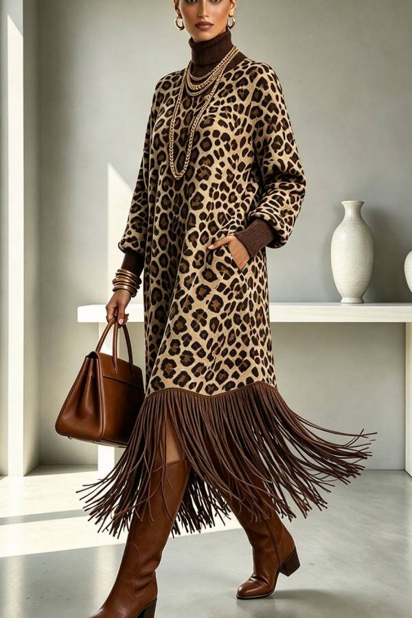 Autumn Ribbed High Neck Leopard Print Long Sleeve Pocket Faux Suede Tassel Midi Dress