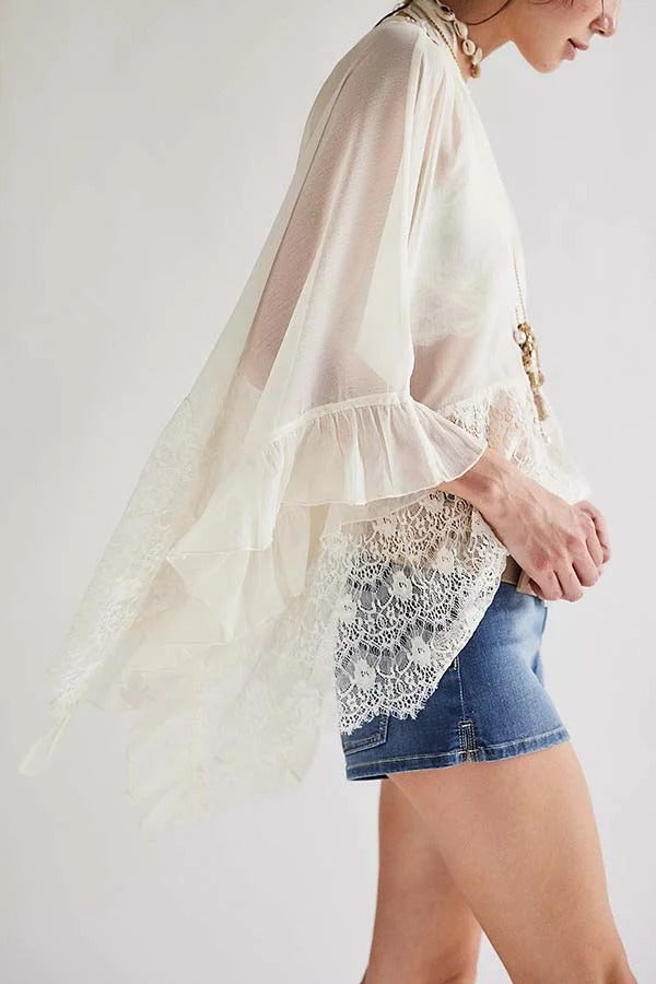 Fashionable Patchwork Lace Batwing Sleeve Loose Beach Cover Up