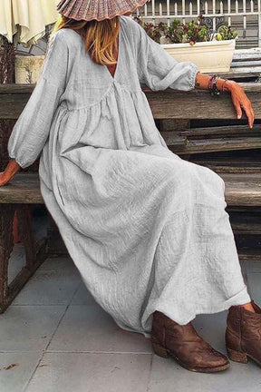 Fashionable V-neck loose casual dress solid color vacation style cotton and linen dress
