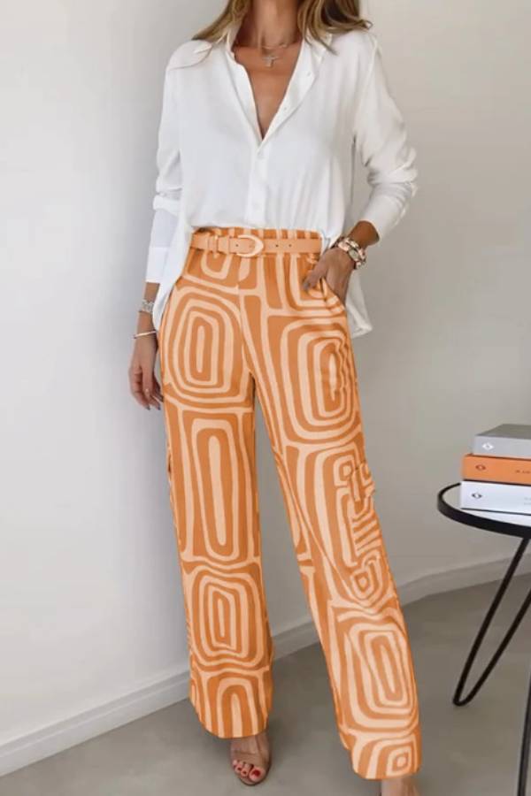 Solid Long Sleeve Shirt & Geometric Print High Waist Wide Leg Pants 2 Piece Set