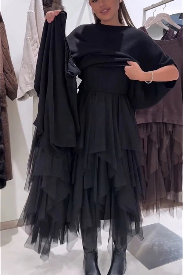 Erini Knit Batwing Sleeve Sweate and Layered Ruffle Mesh Tank Midi Dress Two Pieces Set
