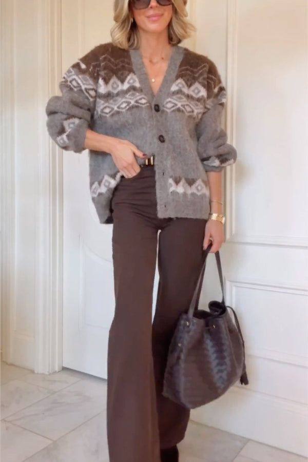 BRUSHED EFFECT JACQUARD KNIT CARDIGAN