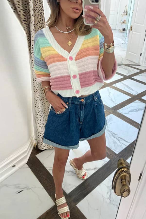 V Neck Button Up Striped Ribbed Knit Sweater
