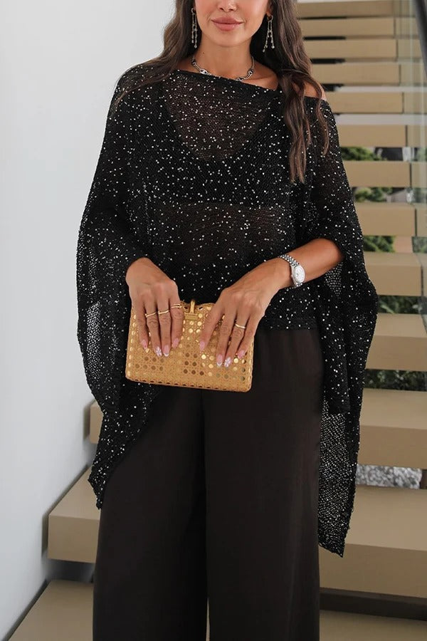 Zaylah Sequined Knit Wide Neck Batwing Sleeve Loose Cape Cover-up Top