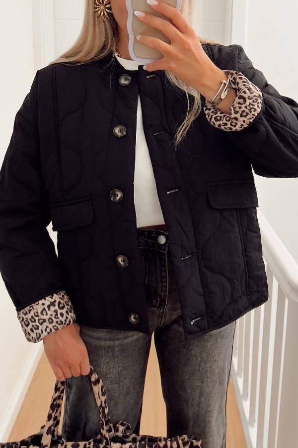 Short Quilted Jacket with Leopard Lining