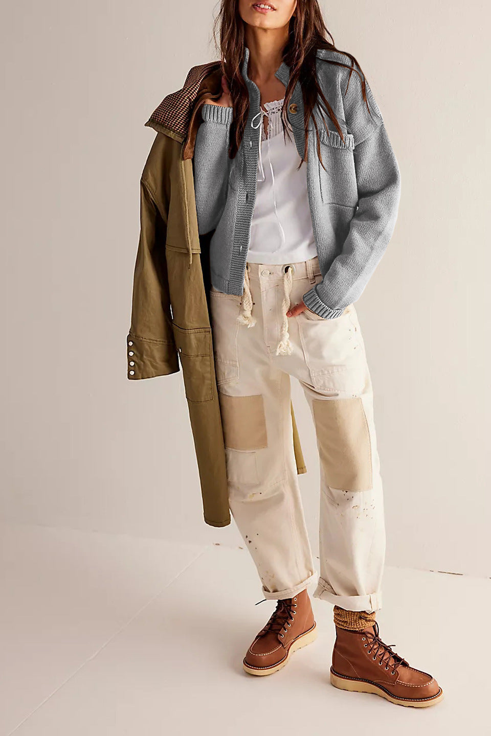 Knitted Jacket Stand Collar Solid Color Cardigan Sweater