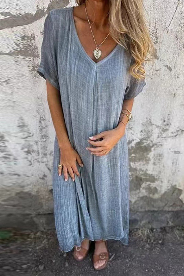 V Neck Loose Fit Cotton Linen Midi Dress
