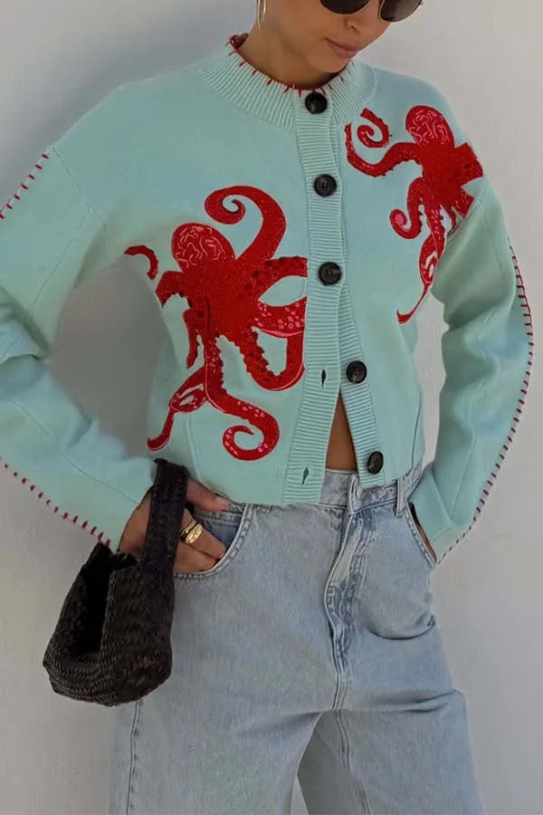 Coastal Fashion Knit Octopus Graphic Contrast Piping Button Up Loose Cardigan