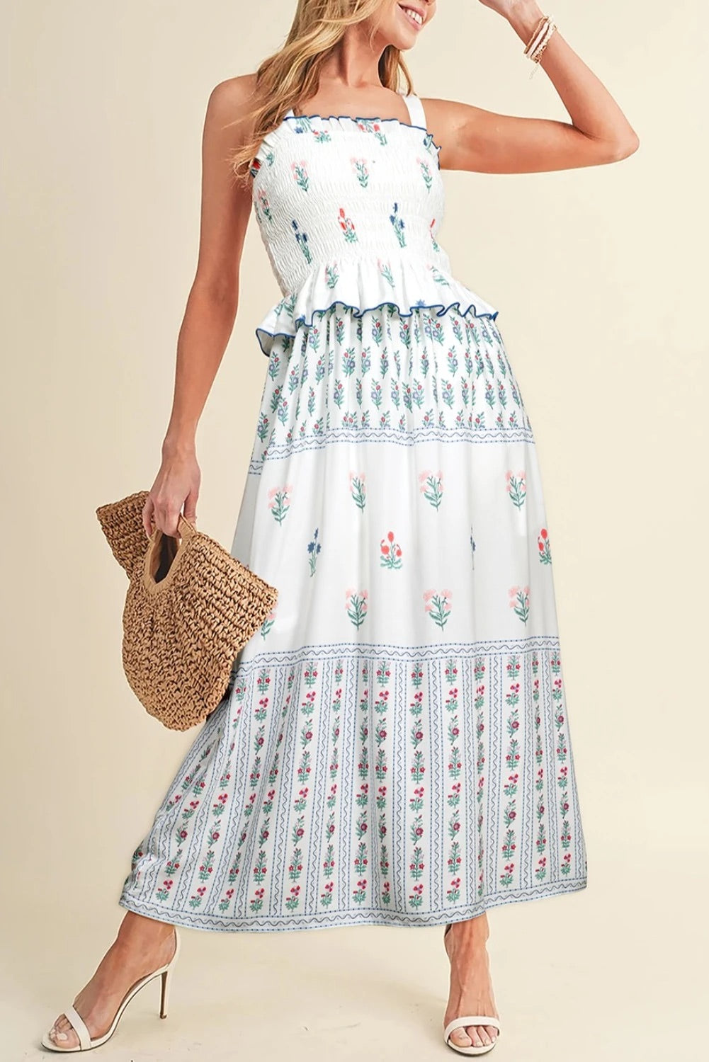 White Floral Print Frill Smocked Bodice Boho Dress
